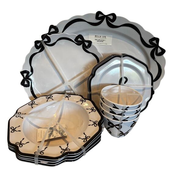 Bella Lux Black Bow Coquette Ribbon White Melamine Plate Platter Bowl Set 4 - Picture 1 of 9